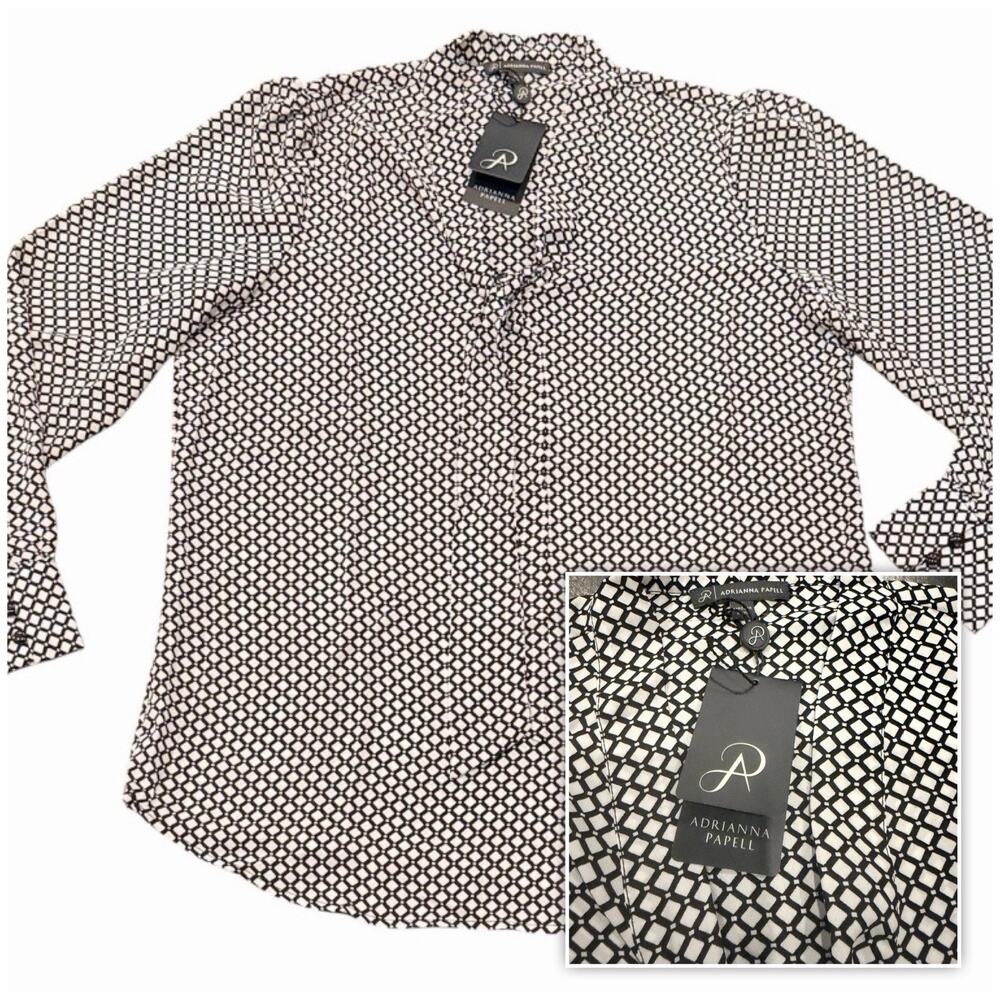 Adrianna Papell Tie Neck 3/4 Sleeve Career Blouse Geometric Print NWT Womens Sm.